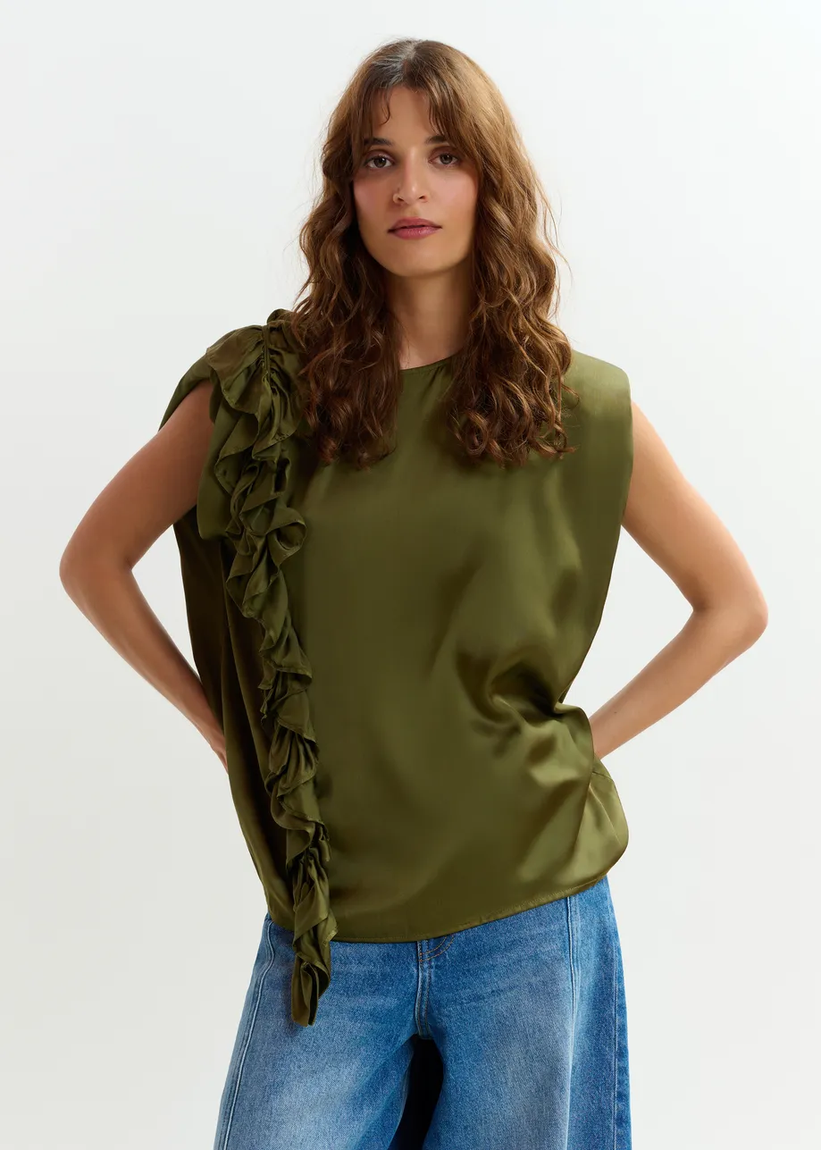 Khaki sleeveless top with ruffle detail 