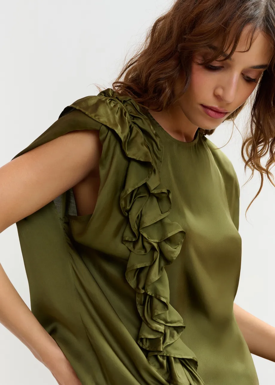 Khaki sleeveless top with ruffle detail 