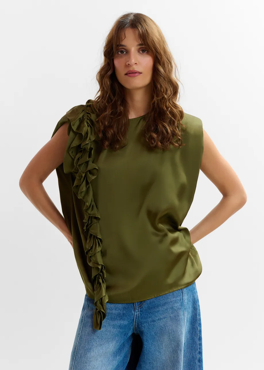 Khaki sleeveless top with ruffle detail 