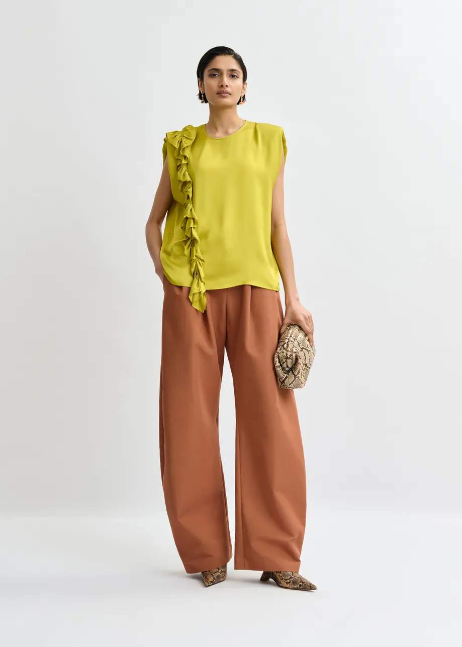 Ochre sleeveless top with ruffle detail 