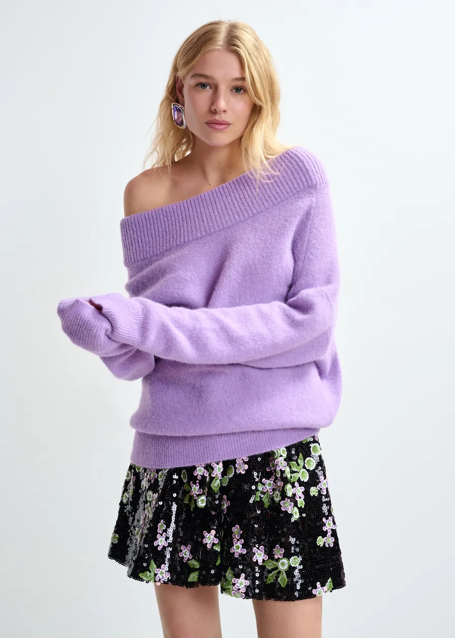 Paarse éénschoudertrui van alpacawolmix