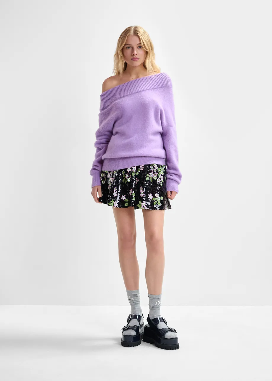 Purple alpaca wool-blend off-shoulder knit sweater