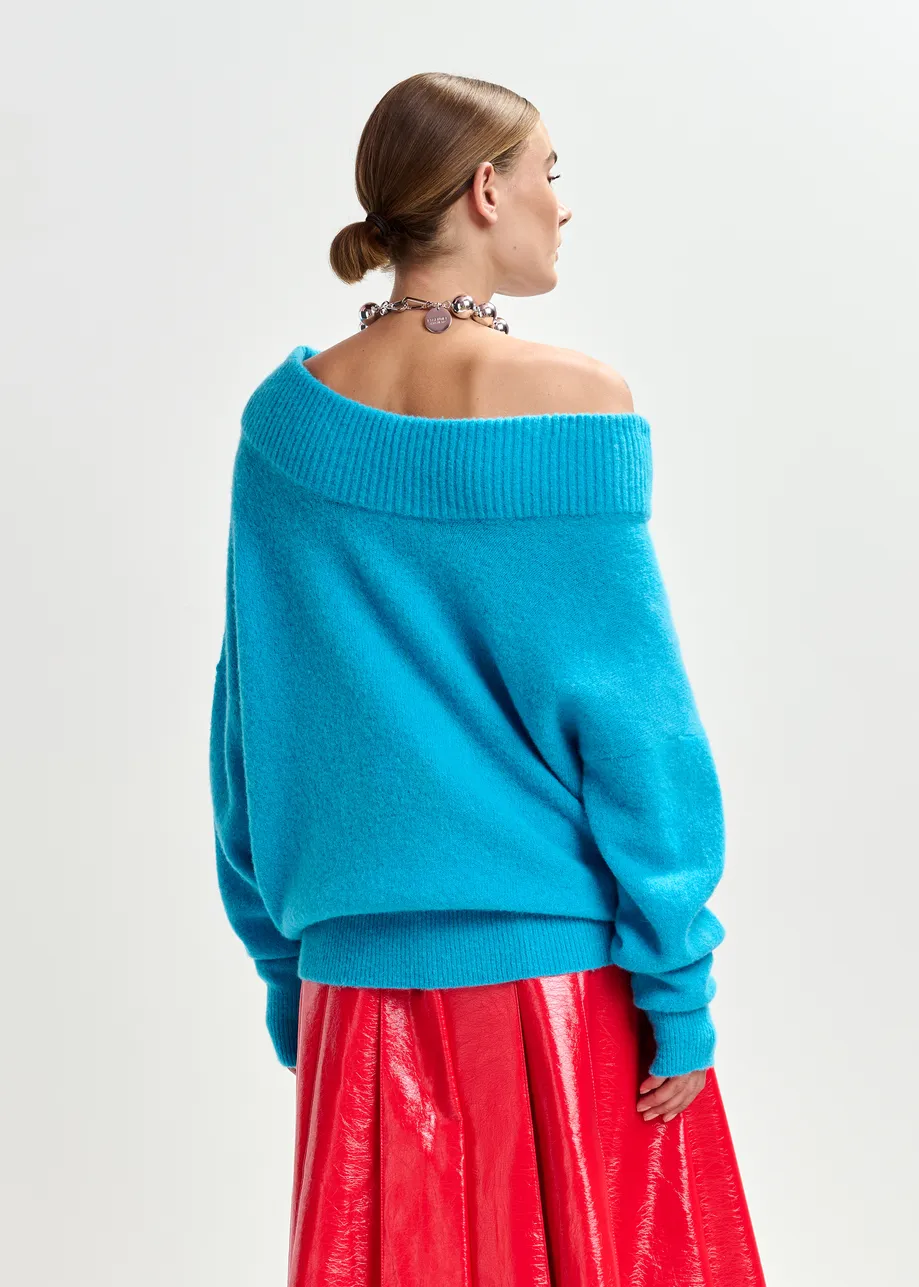 Blauwe éénschoudertrui van alpacawolmix