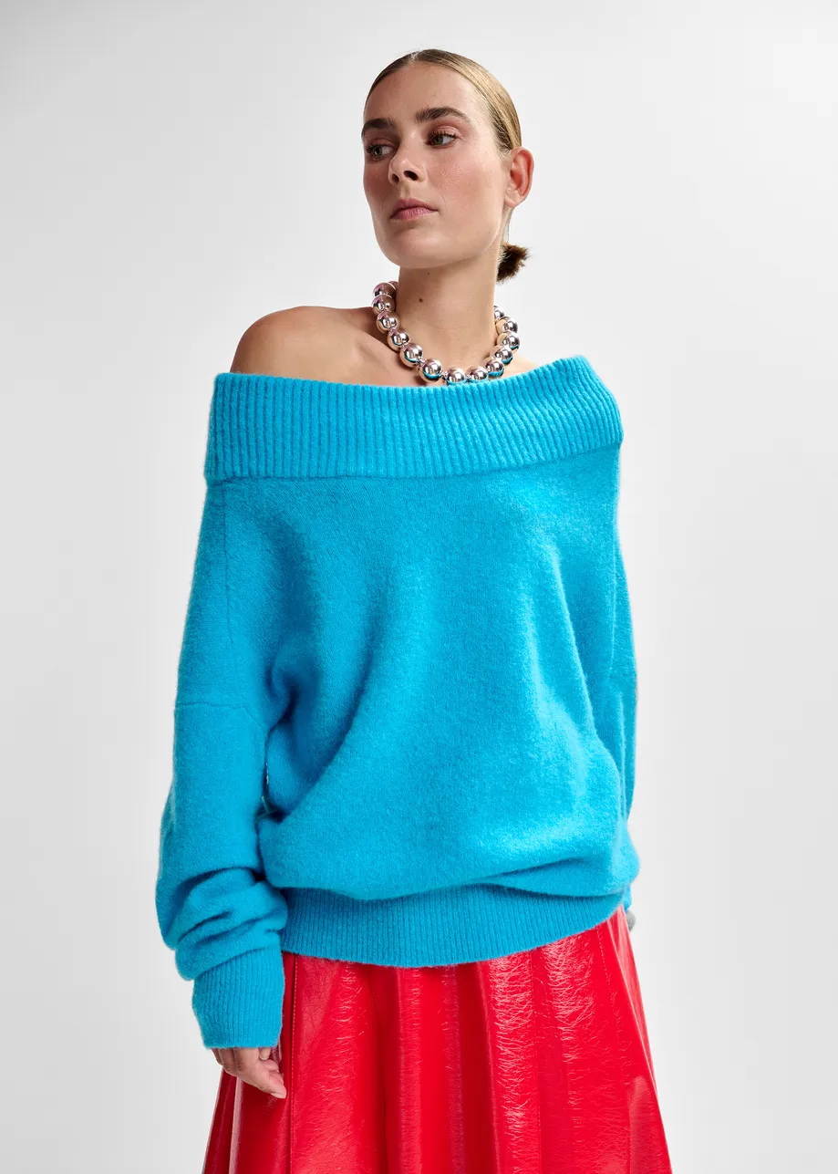 Blue alpaca wool-blend off-shoulder knit sweater