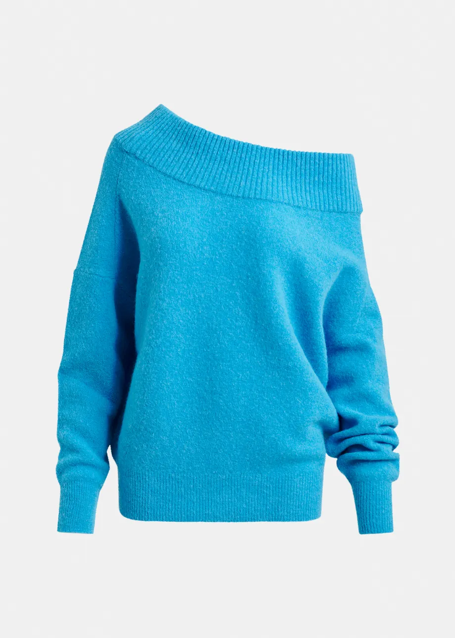 Blauwe éénschoudertrui van alpacawolmix