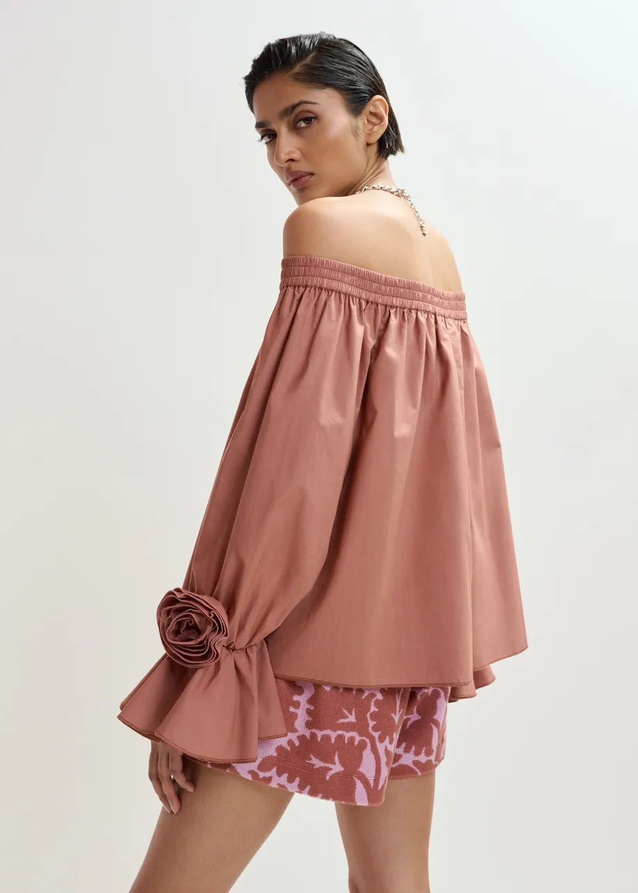 Top vintage in cotone rosa senza spalline con dettagli a rosa