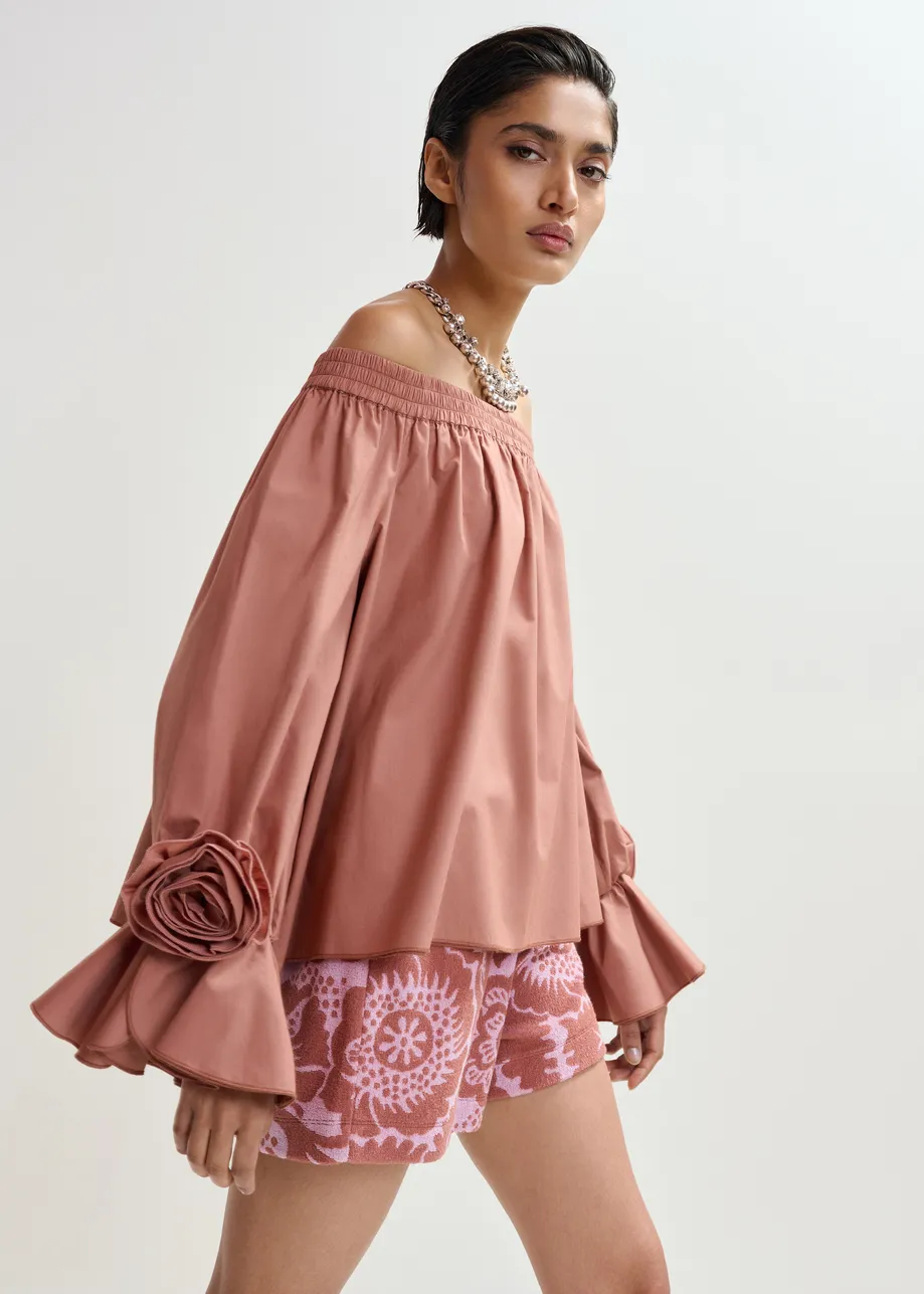 Top vintage in cotone rosa senza spalline con dettagli a rosa