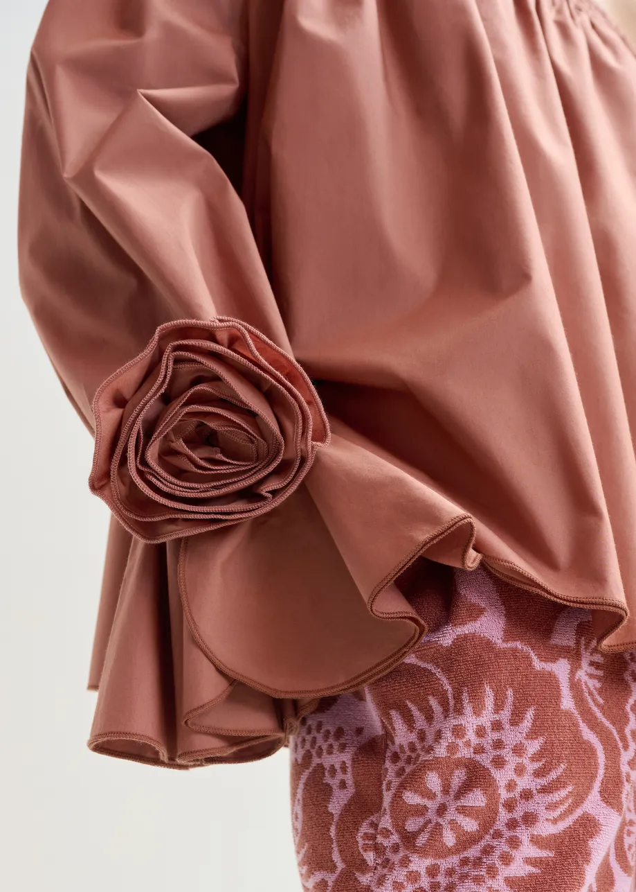 Top vintage in cotone rosa senza spalline con dettagli a rosa