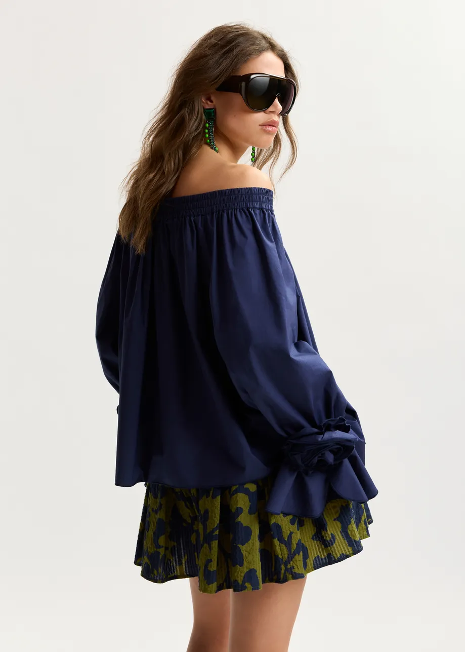 Marineblaues, trägerloses Baumwolloberteil mit Rosettendetails