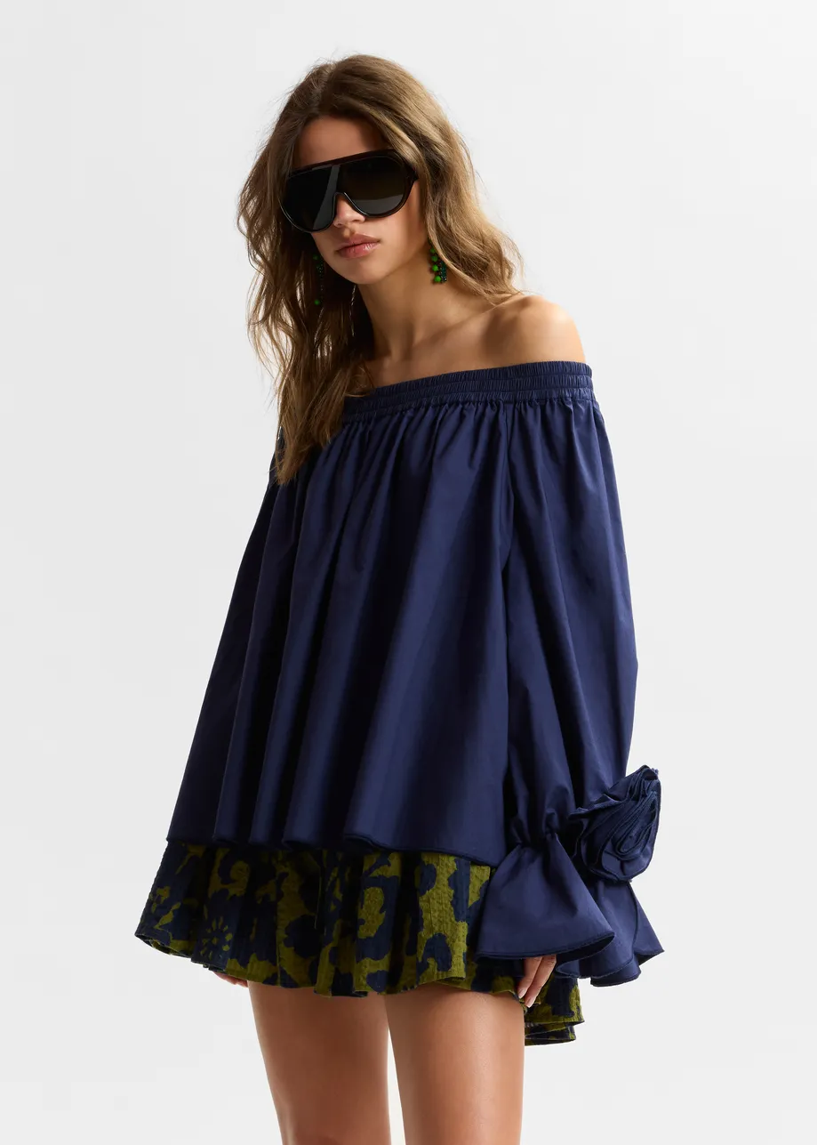 Navy strapless cotton top with rosette details