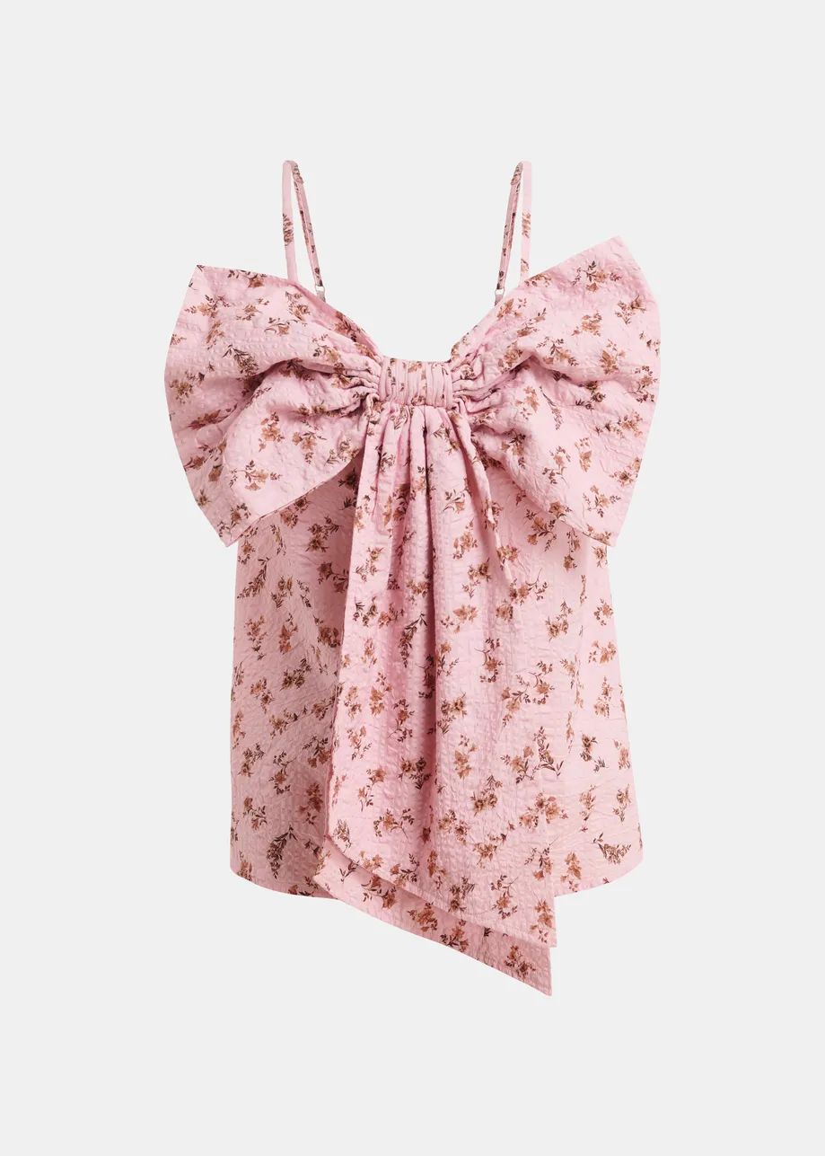 Baumwolloberteil in Rosa und Braun mit Blumenprint und Schleife