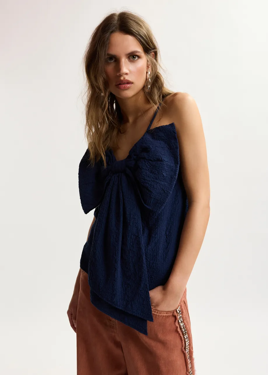 Dark blue cotton top with bow detail
