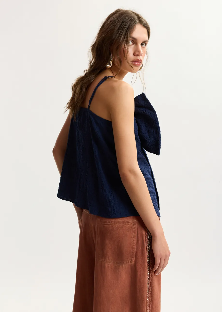Dark blue cotton top with bow detail