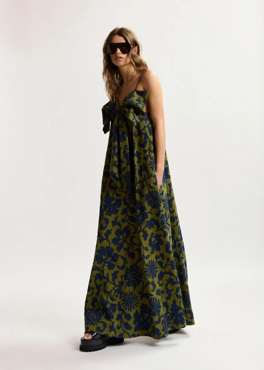 Grünes und dunkelblaues Babydoll-Midikleid mit Blumenprint und Schleife