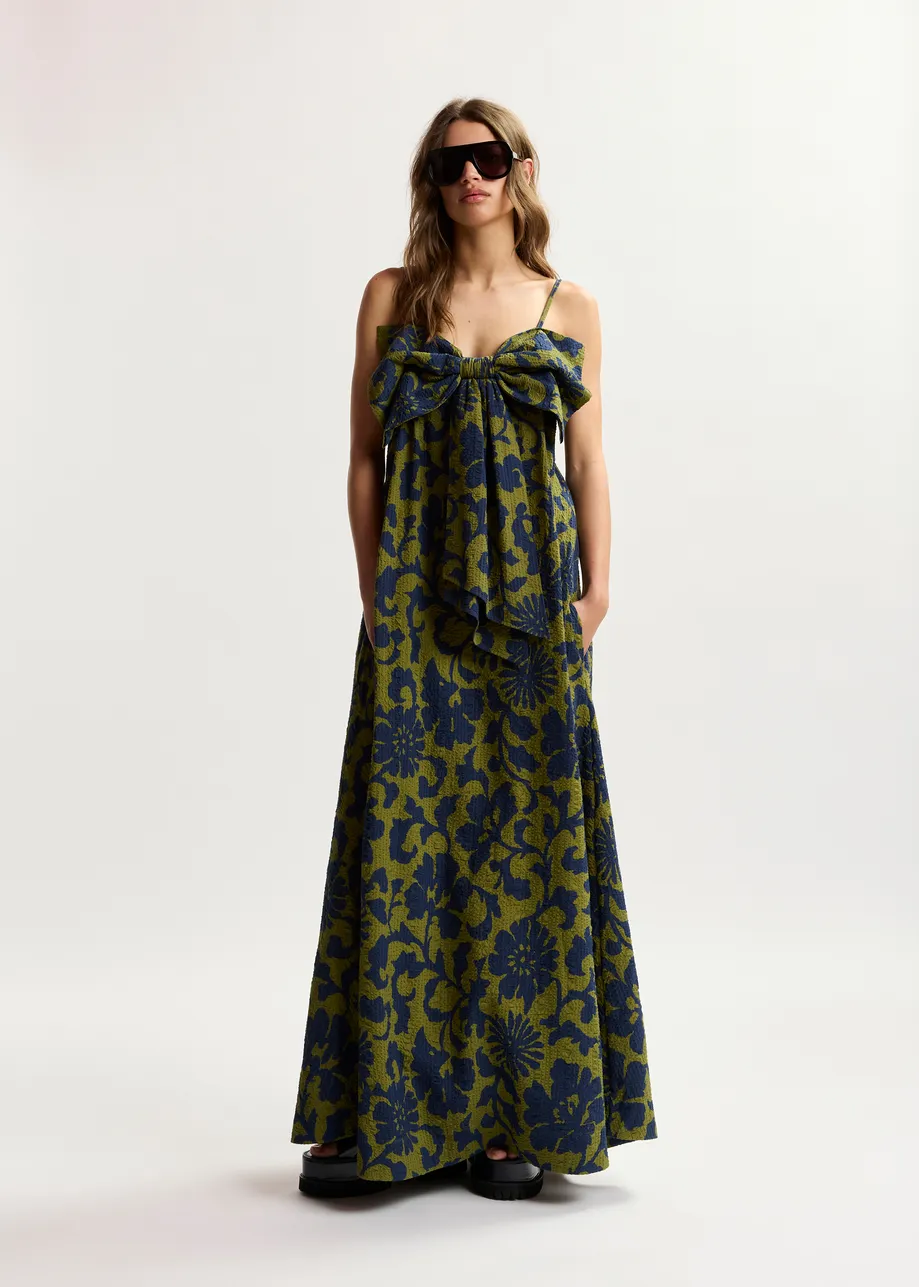 Grünes und dunkelblaues Babydoll-Midikleid mit Blumenprint und Schleife