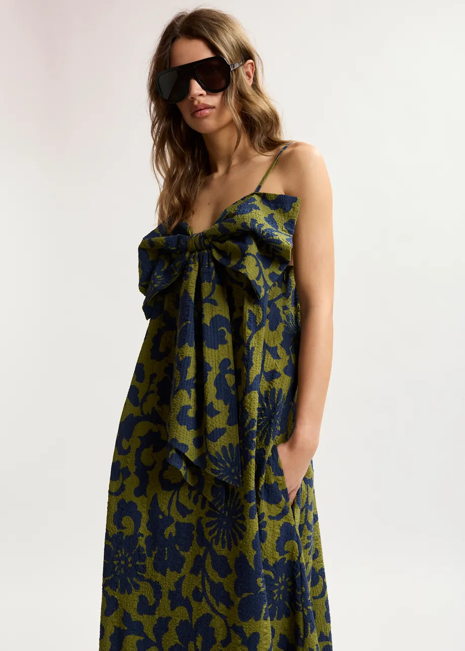 Grünes und dunkelblaues Babydoll-Midikleid mit Blumenprint und Schleife