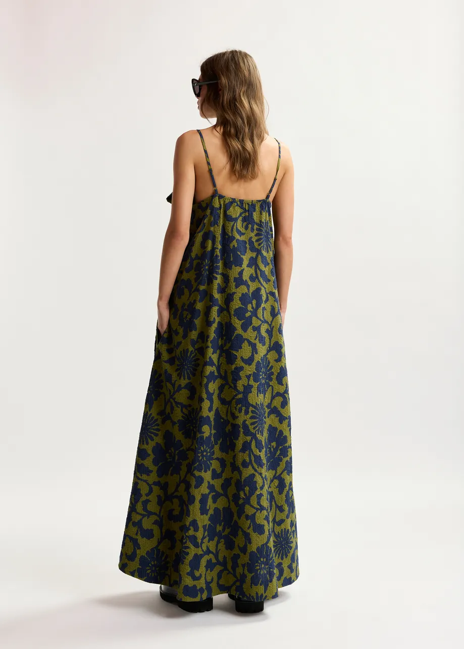 Grünes und dunkelblaues Babydoll-Midikleid mit Blumenprint und Schleife