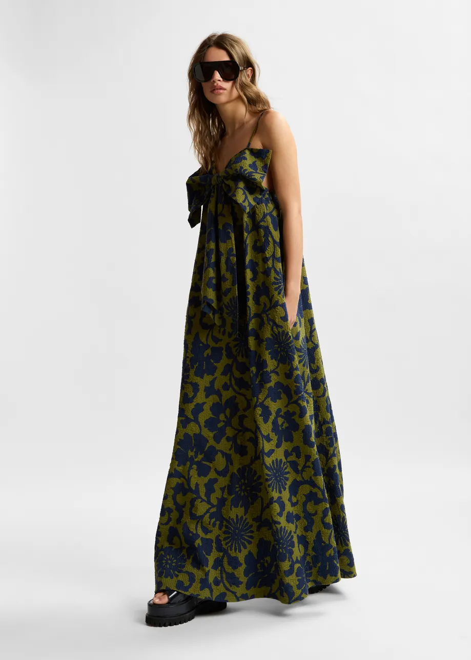 Green and dark blue floral print babydoll midi dress with bow detail