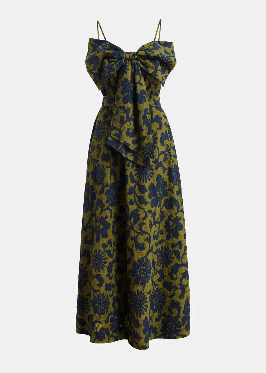 Green and dark blue floral print babydoll midi dress with bow detail