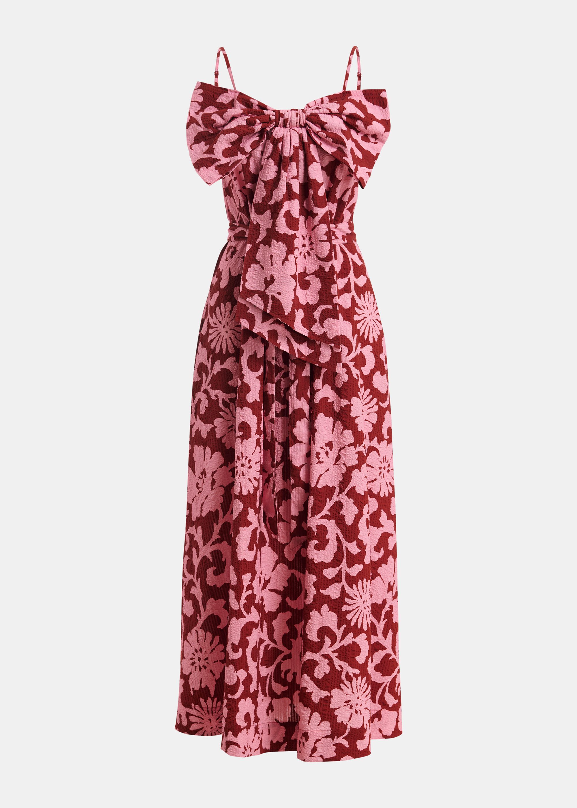 Pink and dark red floral print babydoll midi dress with bow detail |  Essentiel Antwerp Spain
