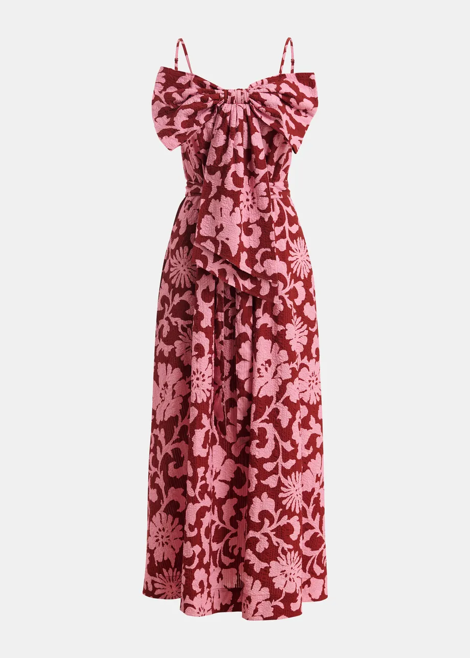 Pink and dark red floral print babydoll midi dress with bow detail