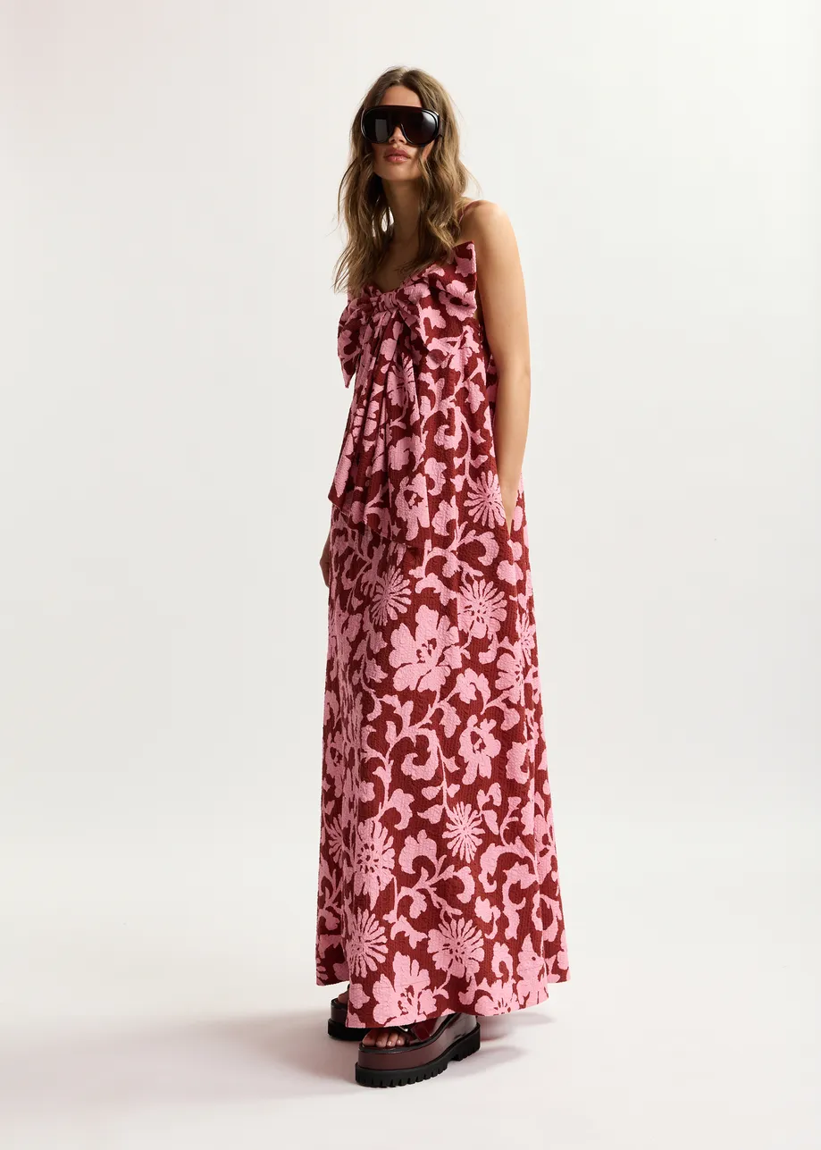 Pink and dark red floral print babydoll midi dress with bow detail