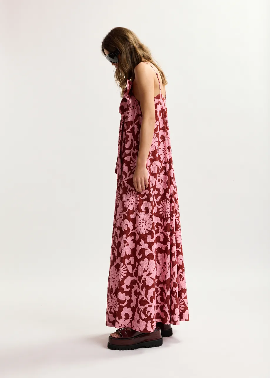 Pink and dark red floral print babydoll midi dress with bow detail