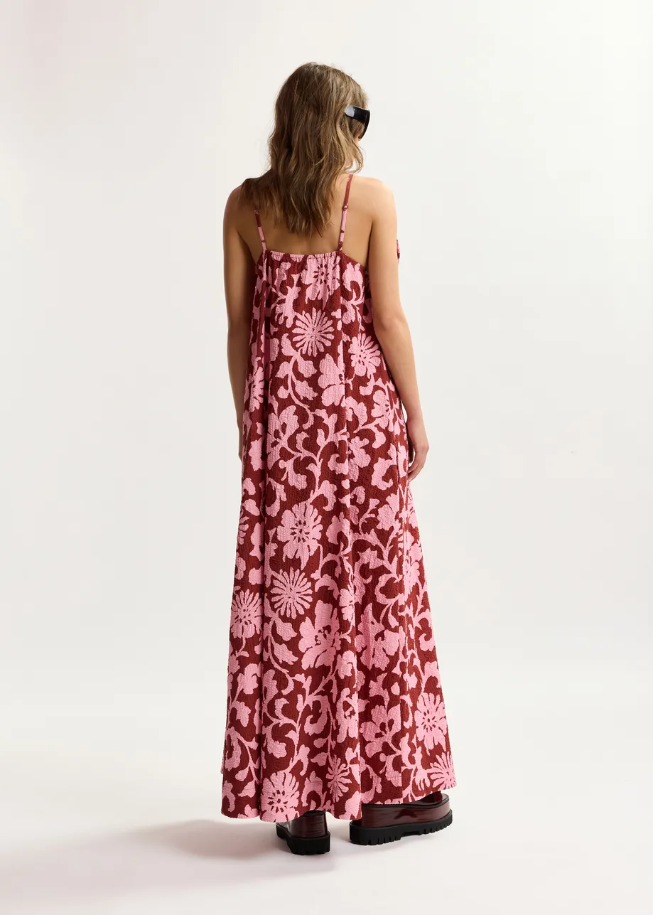 Pink and dark red floral print babydoll midi dress with bow detail