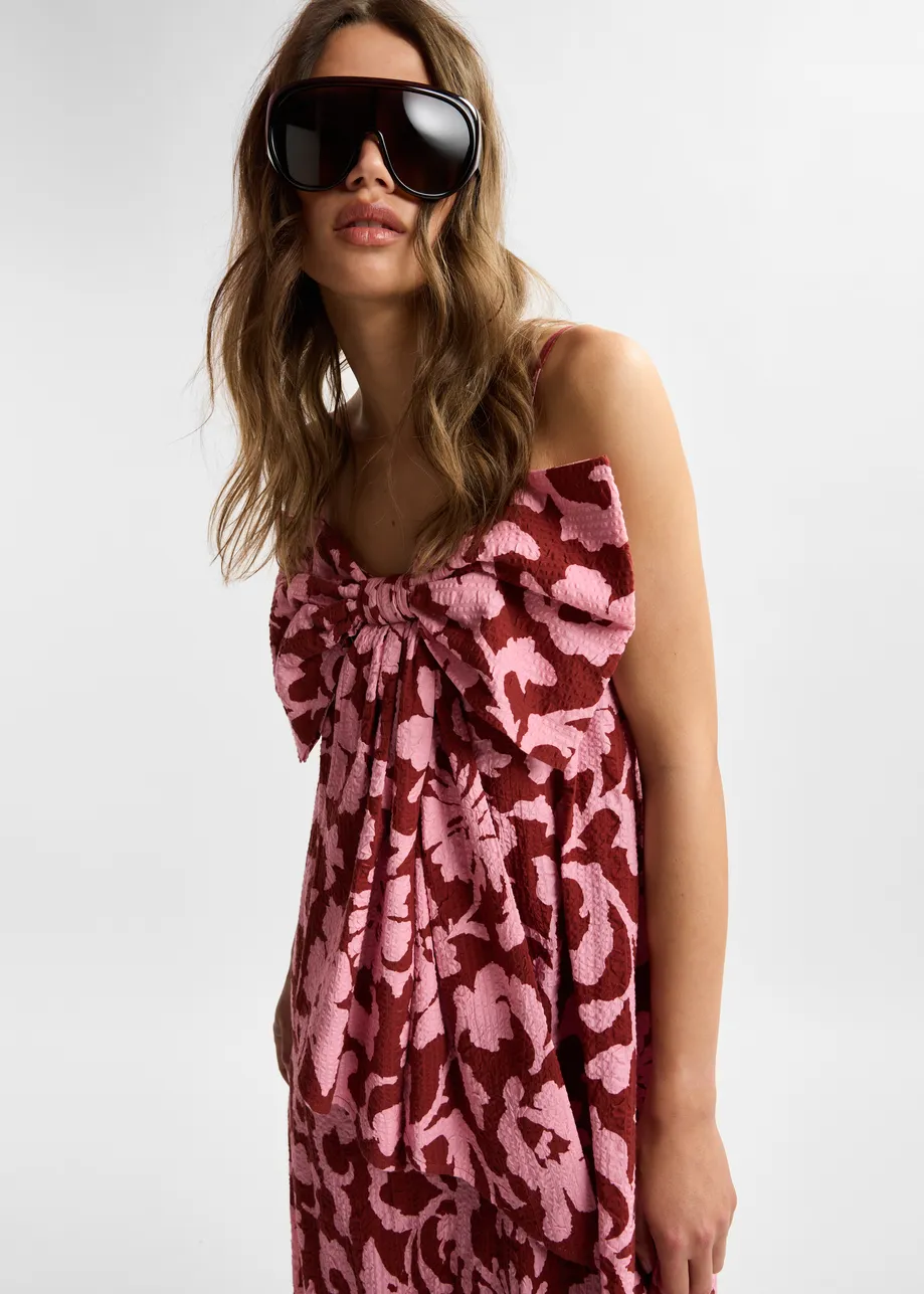 Pink and dark red floral print babydoll midi dress with bow detail