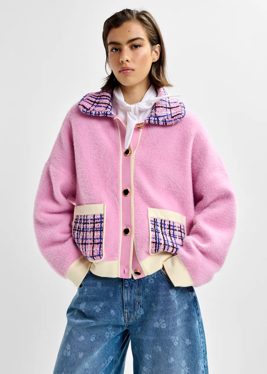 Pink and off-white textured cardigan with contrast blue and black tweed collar and patch pockets