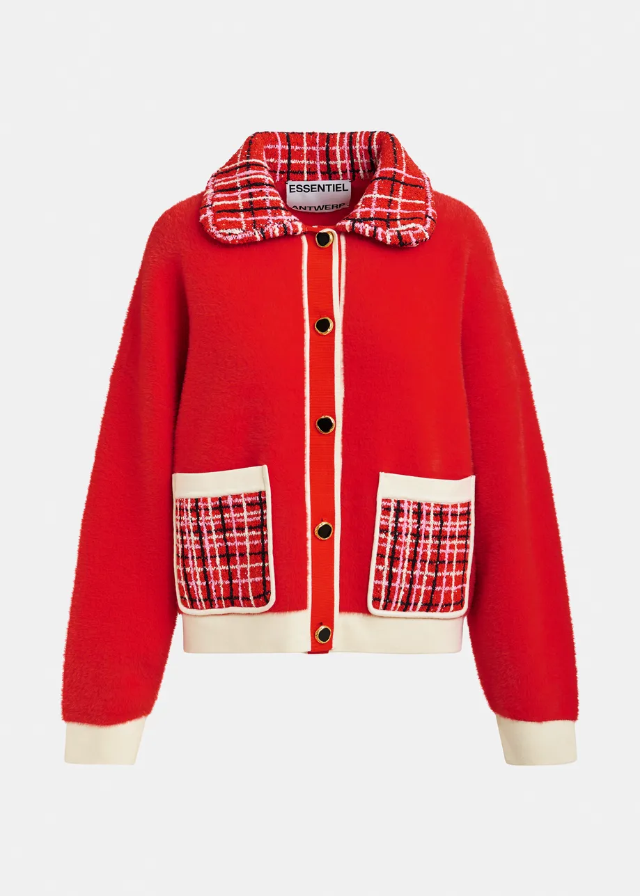 Rode en gebroken witte cardigan met roze-zwarte tweedkraag en opgestikte zakken