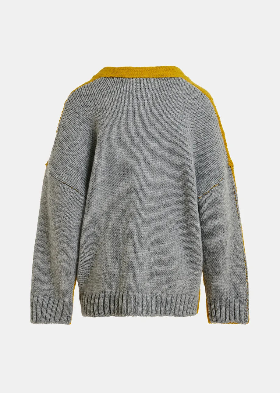 Ochre and grey wool-blend cardigan with contrasting back