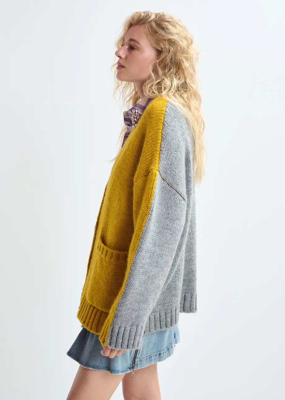 Ochre and grey wool-blend cardigan with contrasting back