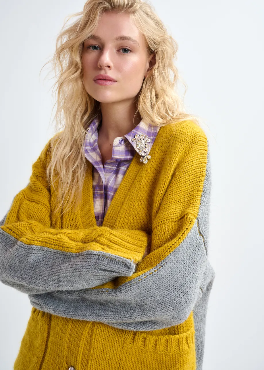 Ochre and grey wool-blend cardigan with contrasting back
