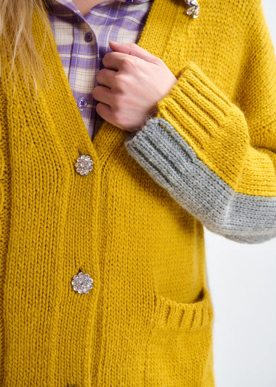 Ochre and grey wool-blend cardigan with contrasting back