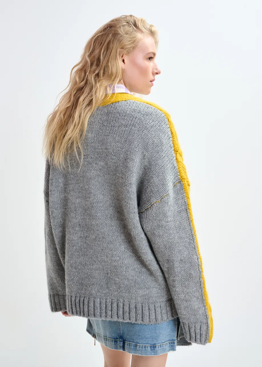Ochre and grey wool-blend cardigan with contrasting back