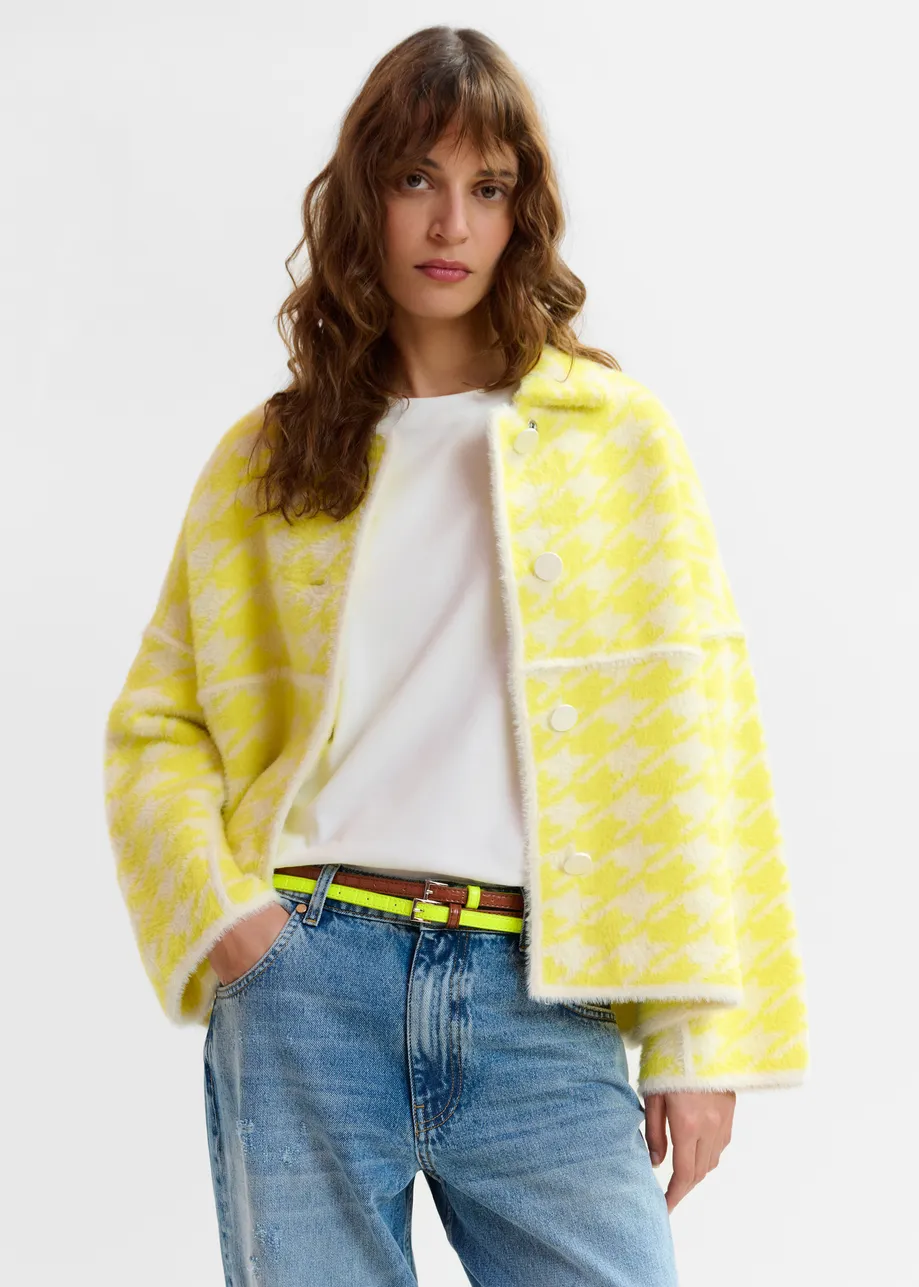 Yellow and off-white houndstooth knit cardigan
