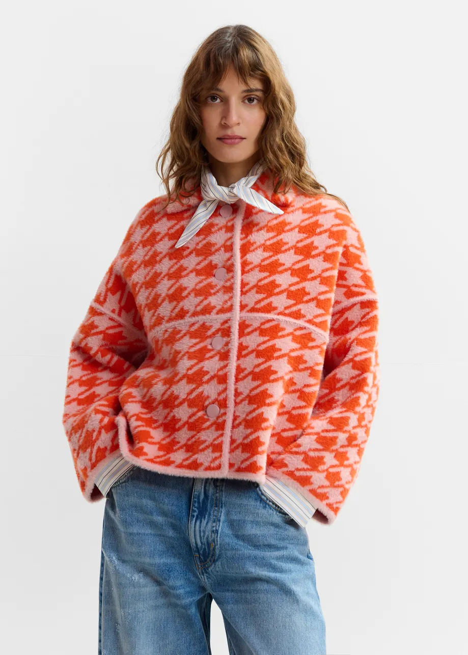 Orange and dusty pink houndstooth knit cardigan