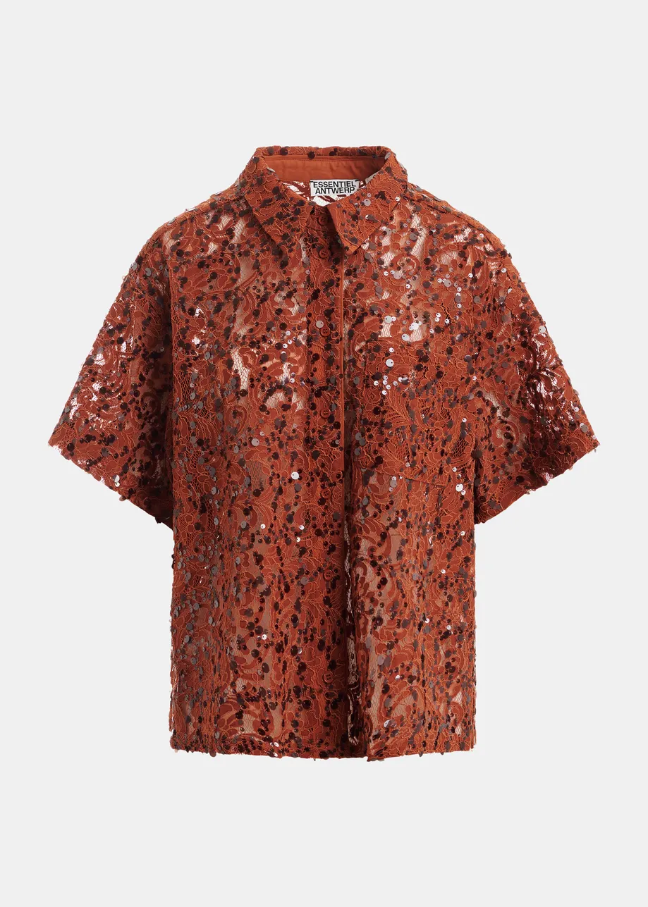 Camicia a maniche corte con paillettes color ruggine