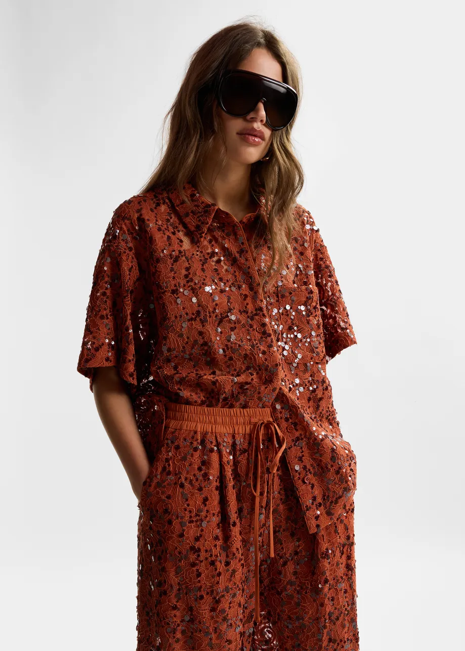 Rust sequin-embellished short-sleeve shirt