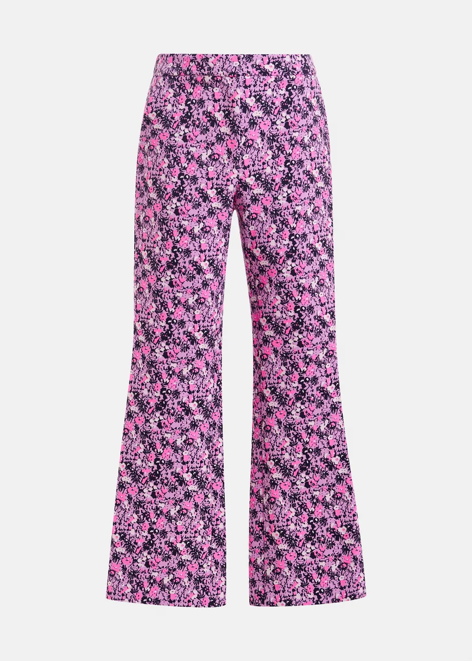 Paarse, roze en zwarte jacquard broek met lage taille en uitlopende pijp