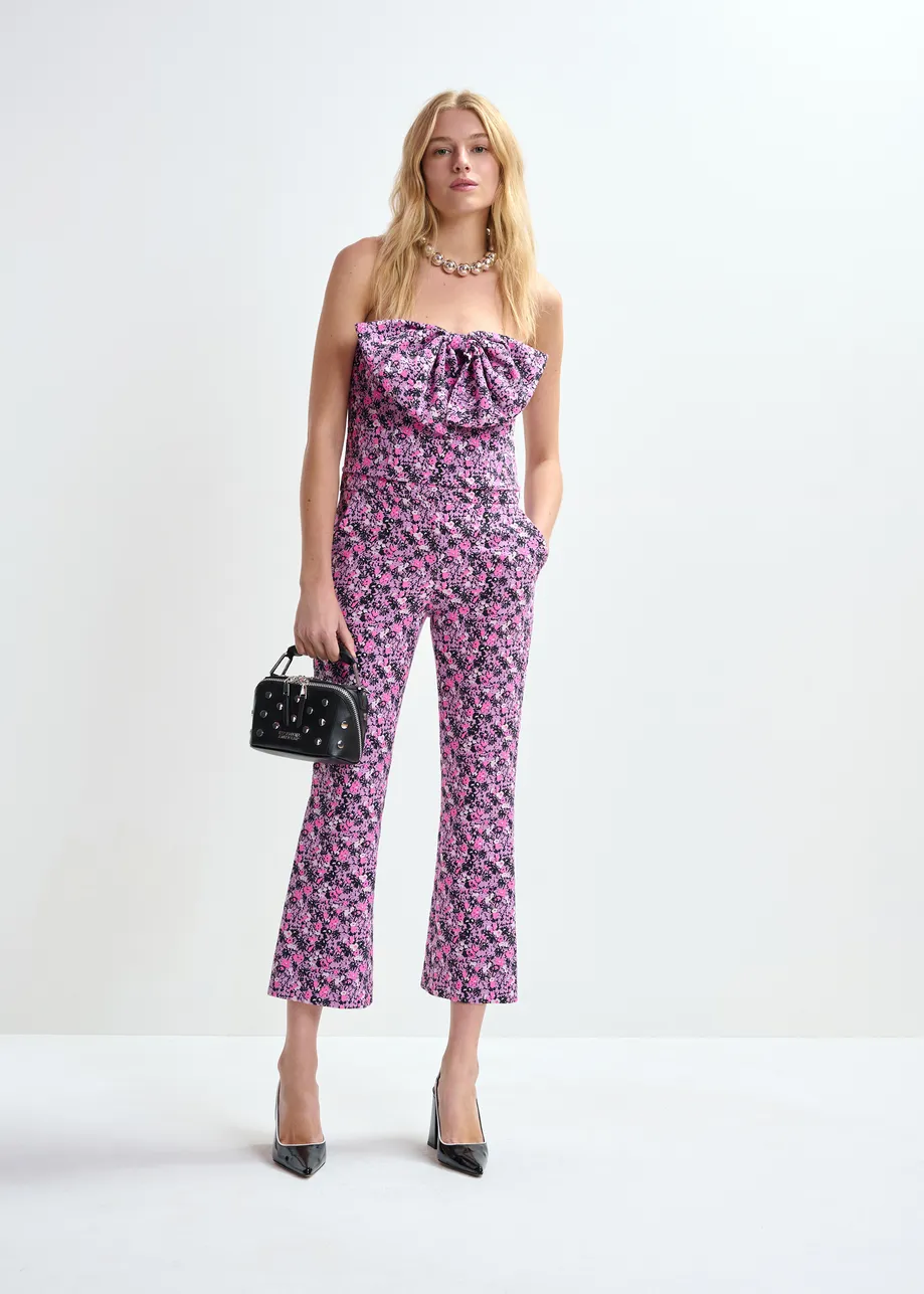 Paarse, roze en zwarte jacquard broek met lage taille en uitlopende pijp