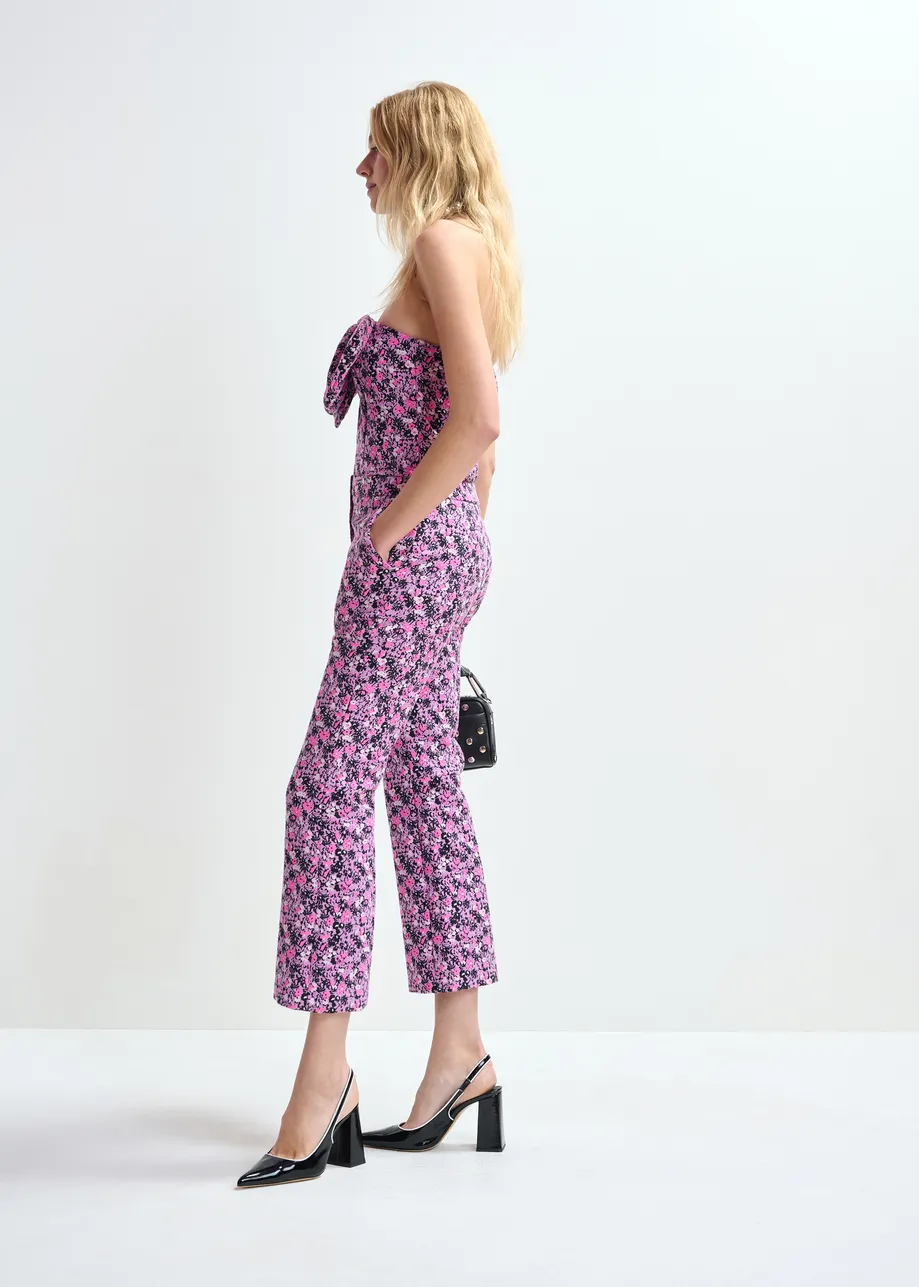 Paarse, roze en zwarte jacquard broek met lage taille en uitlopende pijp