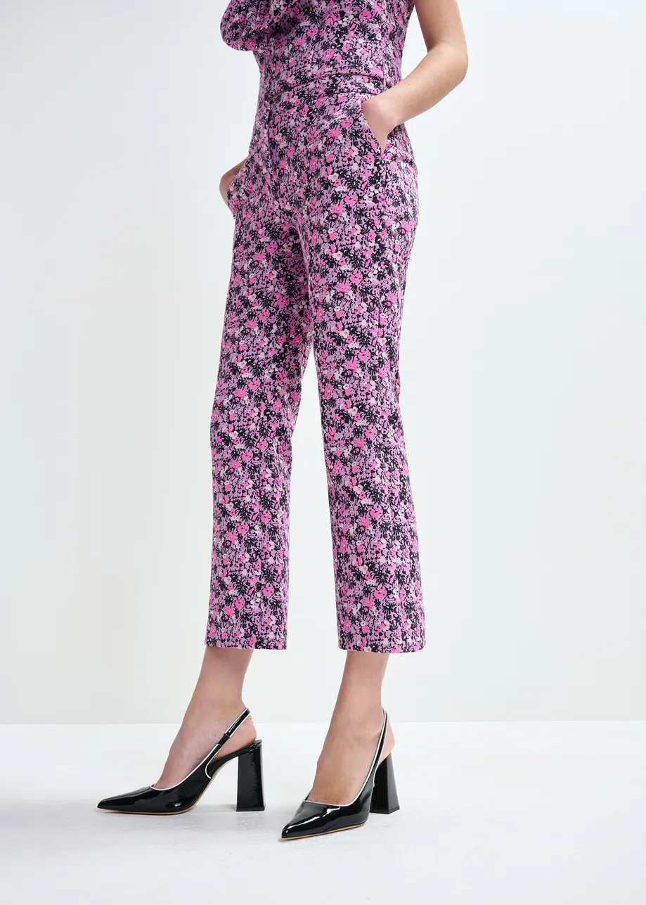 Paarse, roze en zwarte jacquard broek met lage taille en uitlopende pijp