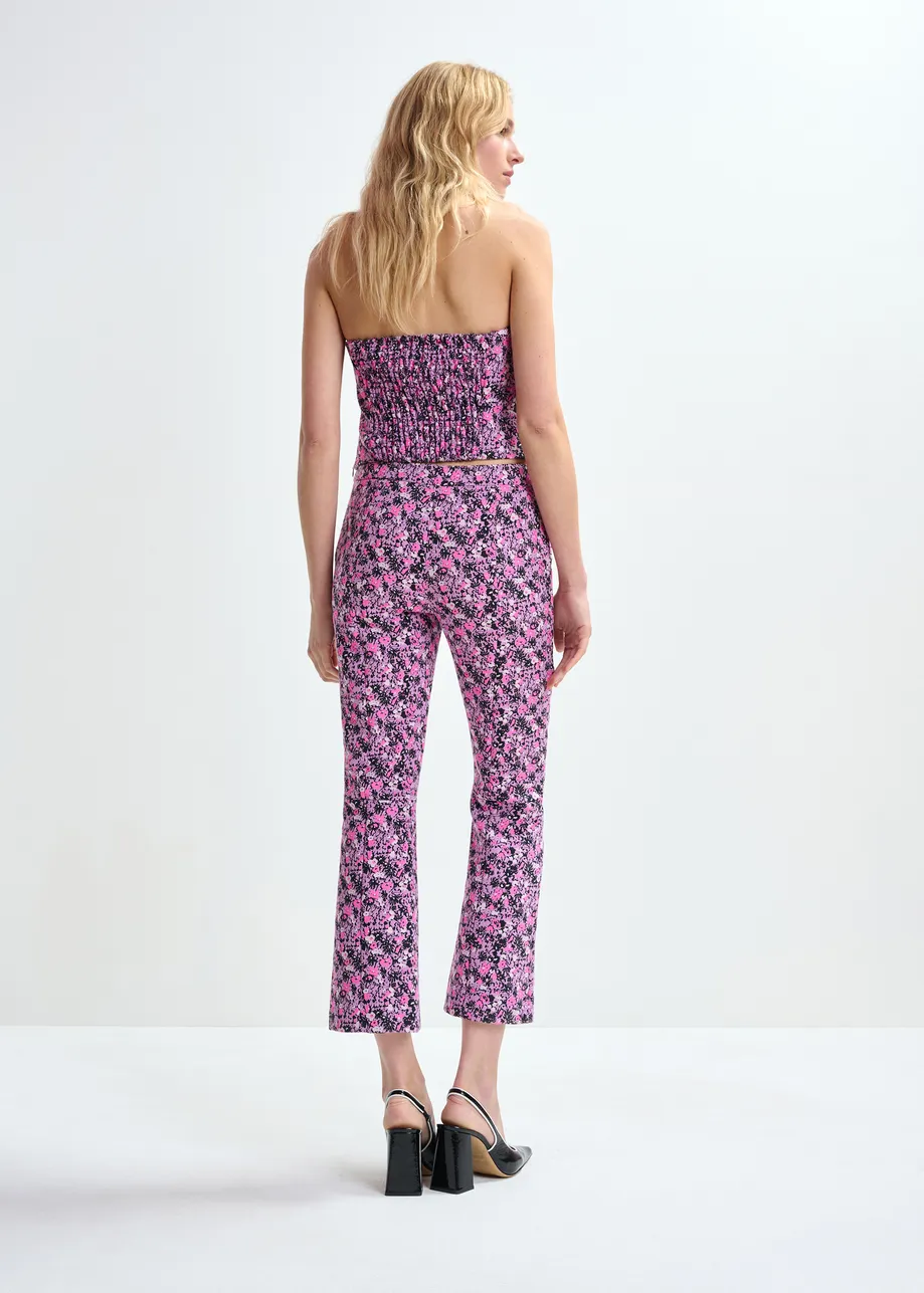 Paarse, roze en zwarte jacquard broek met lage taille en uitlopende pijp
