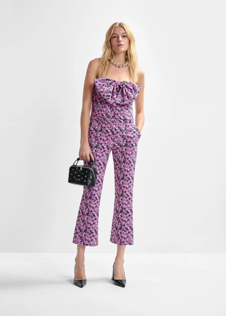 Paarse, roze en zwarte jacquard broek met lage taille en uitlopende pijp