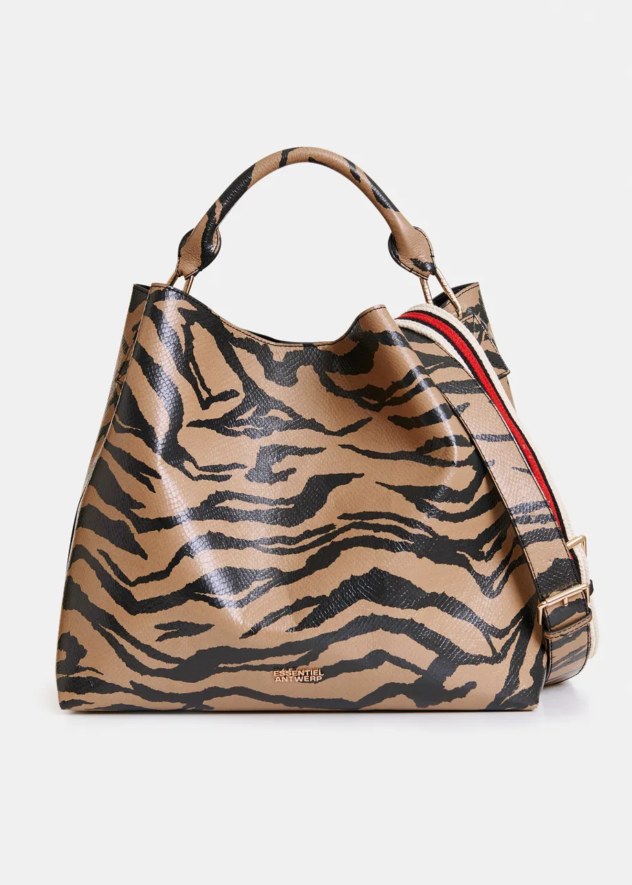 Brown and black tiger print glossy shopper bag with multicolor appliqued patches