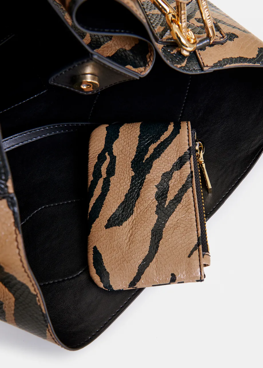 Brown and black tiger print glossy shopper bag with multicolor appliqued patches