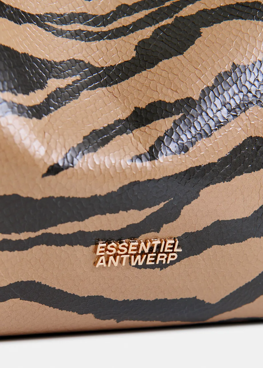 Brown and black tiger print glossy shopper bag with multicolor appliqued patches