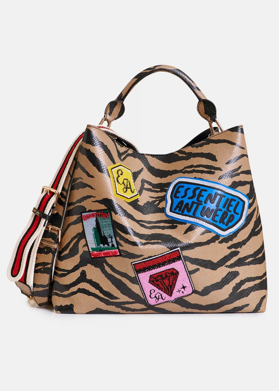 Brown and black tiger print glossy shopper bag with multicolor appliqued patches